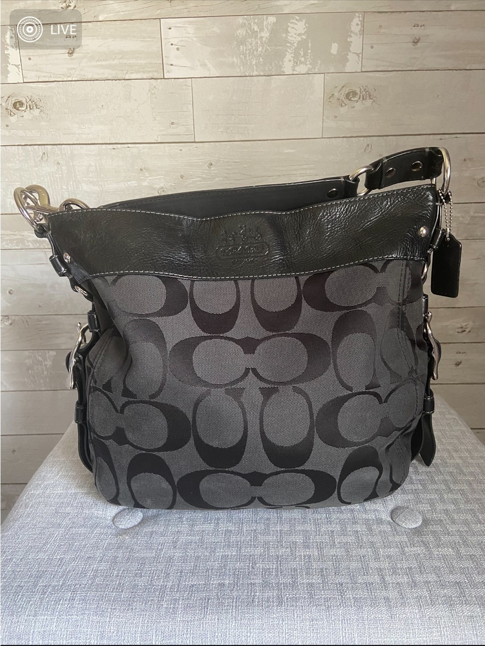 COACH Vintage Signature Jacquard Shoulder Bag in Black/ Charcoal Gray